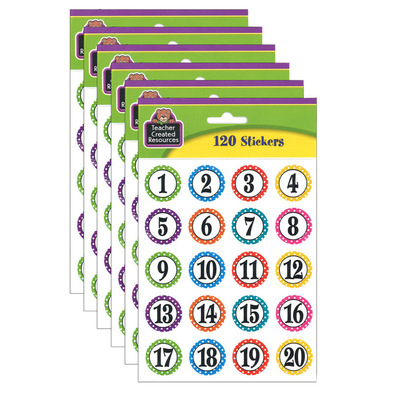 TEACHER CREATED RESOURCES - Polka Dots Numbers Stickers, 120 Per Pack, 6 Packs