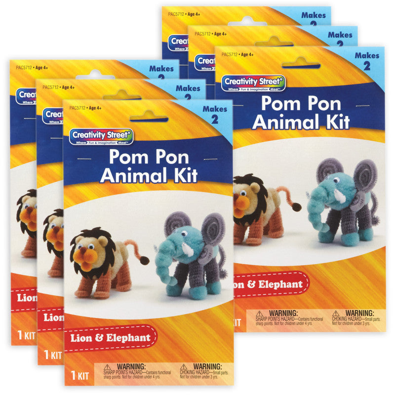 CREATIVITY STREET - Pom Pon Animal Kit, Lion & Elephant, Assorted Sizes, 2 Animals Per Kit, 6 Kits
