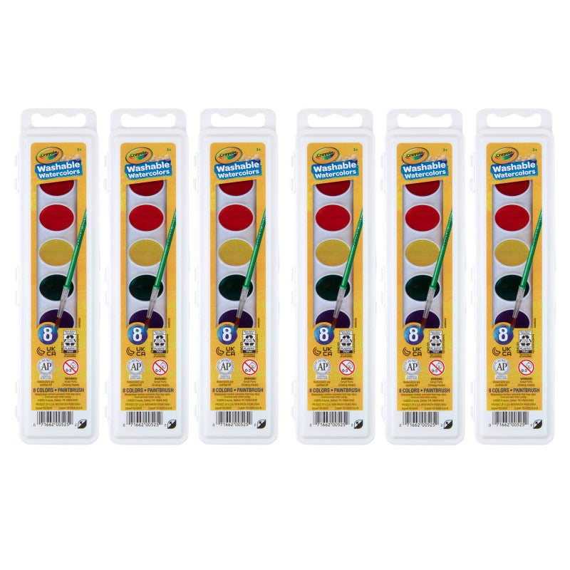 Semi-Moist Washable Watercolor Set, 8 Colors Per Set, 6 Sets
