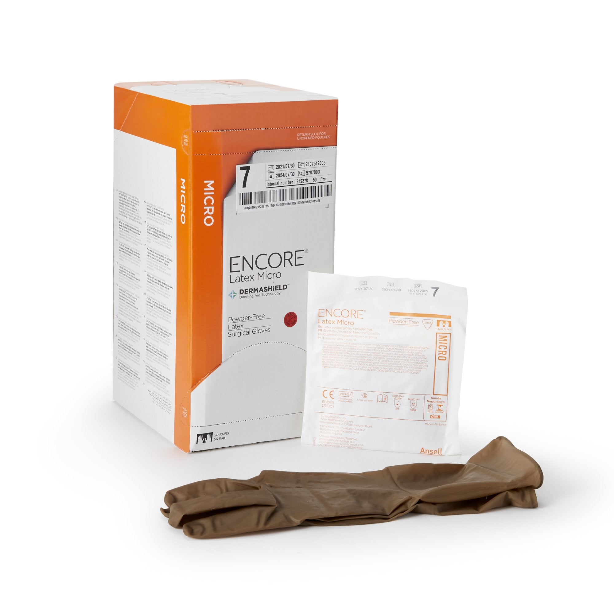 Ansell - Surgical Glove ENCORE® Latex Micro Size 7 Sterile Latex Standard Cuff Length Micro-Textured Brown Chemo Tested [50/BX]