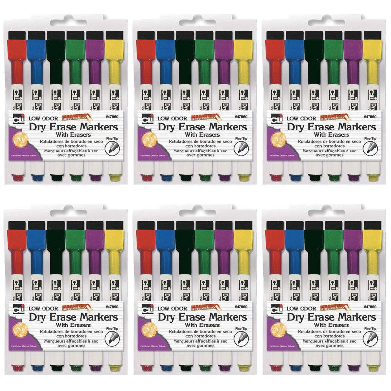 CHARLES LEONARD - Magnetic Dry Erase Markers with Erasers, 6 Per Pack, 6 Packs
