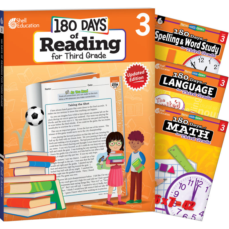 SHELL EDUCATION - 180 Days Reading, Spelling, Language, & Math Grade 3: 4-Book Set