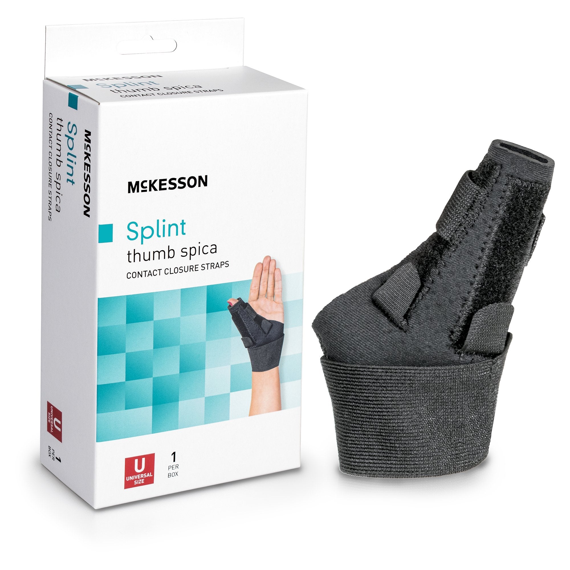 McKesson Brand - Wrist Brace with Thumb Spica McKesson Thumb Spica Nylon / Aluminum / Neoprene / Polyester / Spandex / Acrylic Left or Right Hand Black One Size Fits Most [1/EA]
