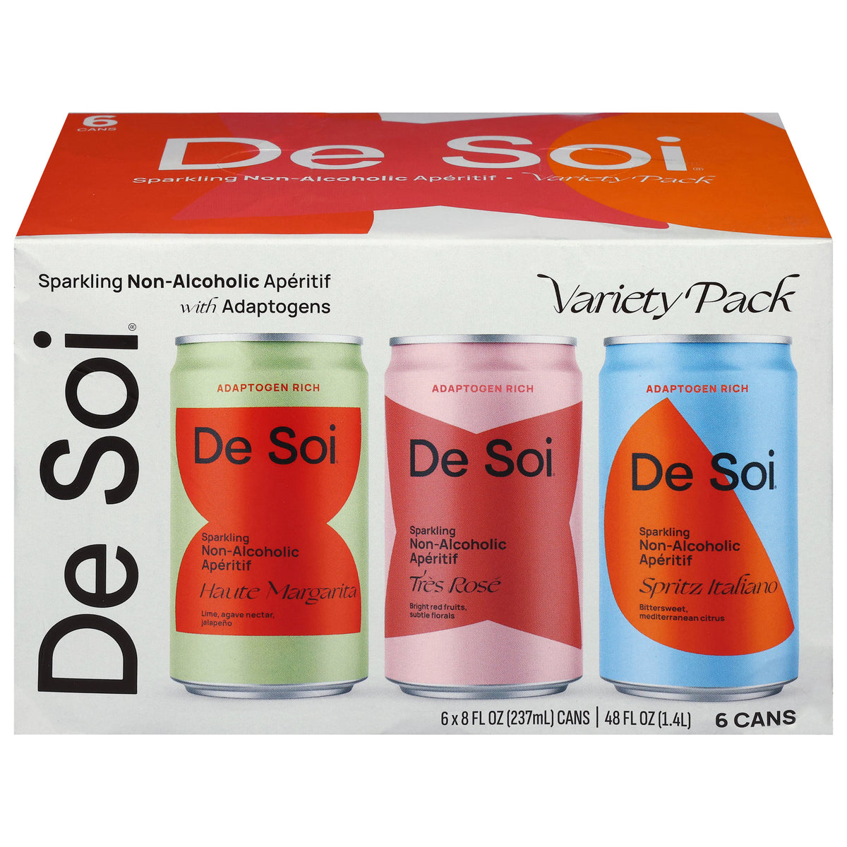 De Soi Sparkling Non-Alcoholic Haute Margarita/Tres Rose/Spritz Italiano Aperitif Variety Pack 6 - 8 fl oz Cans - Case of 4