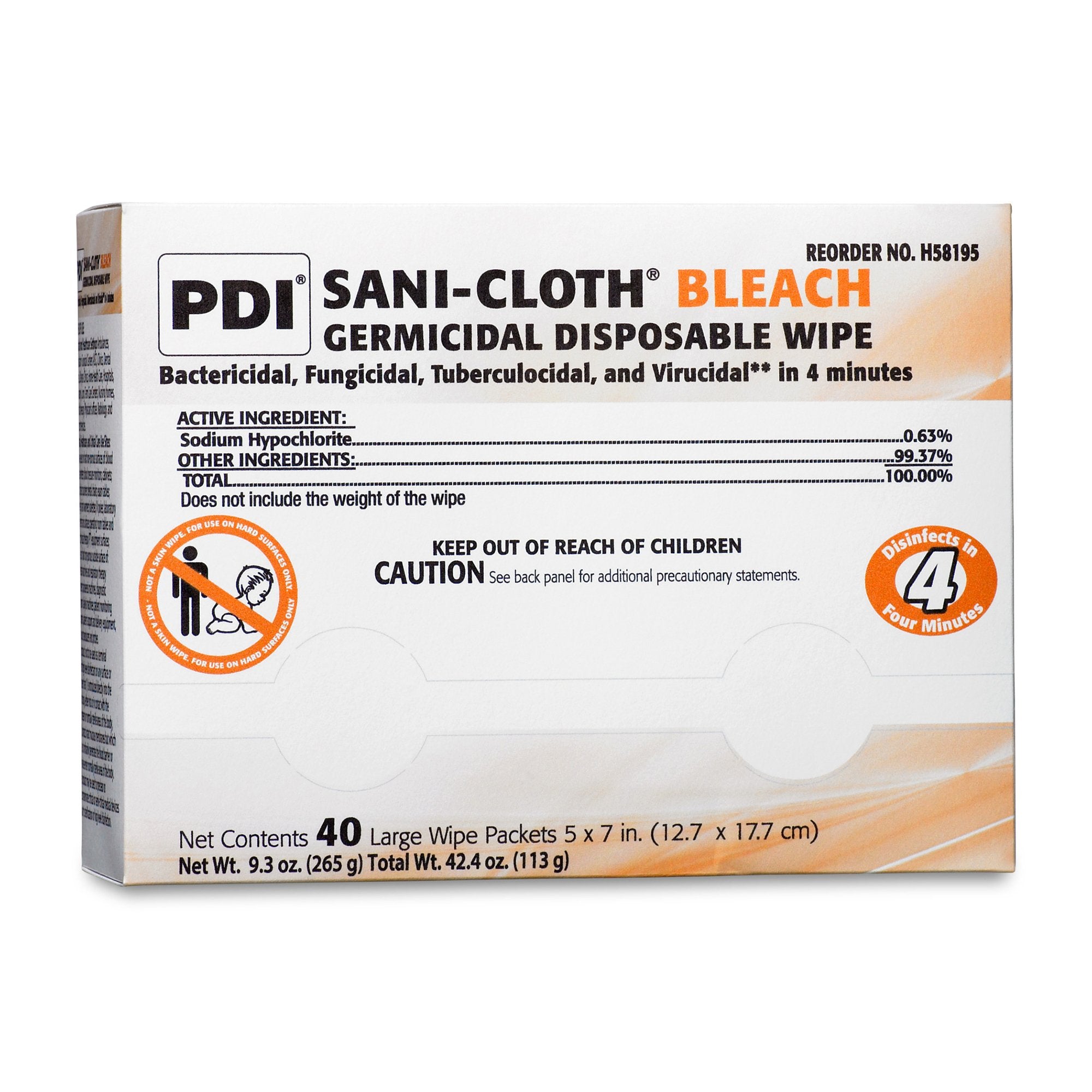 Professional Disposables - Sani-Cloth® Bleach Surface Disinfectant Cleaner Premoistened Germicidal Manual Pull Wipe 40 Count Individual Packet Chlorine Scent NonSterile [40/PK]