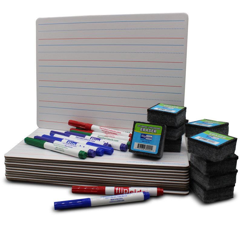 FLIPSIDE PRODUCTS - Magnetic Two-Sided Dry Erase Boards, Red & Blue Ruled/Plain, 9" x 12", with Erasers & Colored Pens, Class Pack of 12