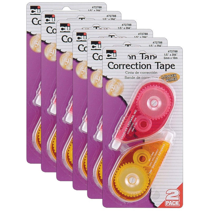 CHARLES LEONARD - Correction Tape, Assorted Color Cases, 1/5" x 394", 2 Per Pack, 6 Packs