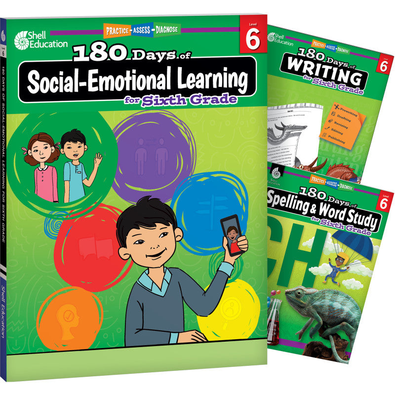 SHELL EDUCATION - 180 Days Social-Emotional Learning, Writing, & Spelling Grade 6: 3-Book Set