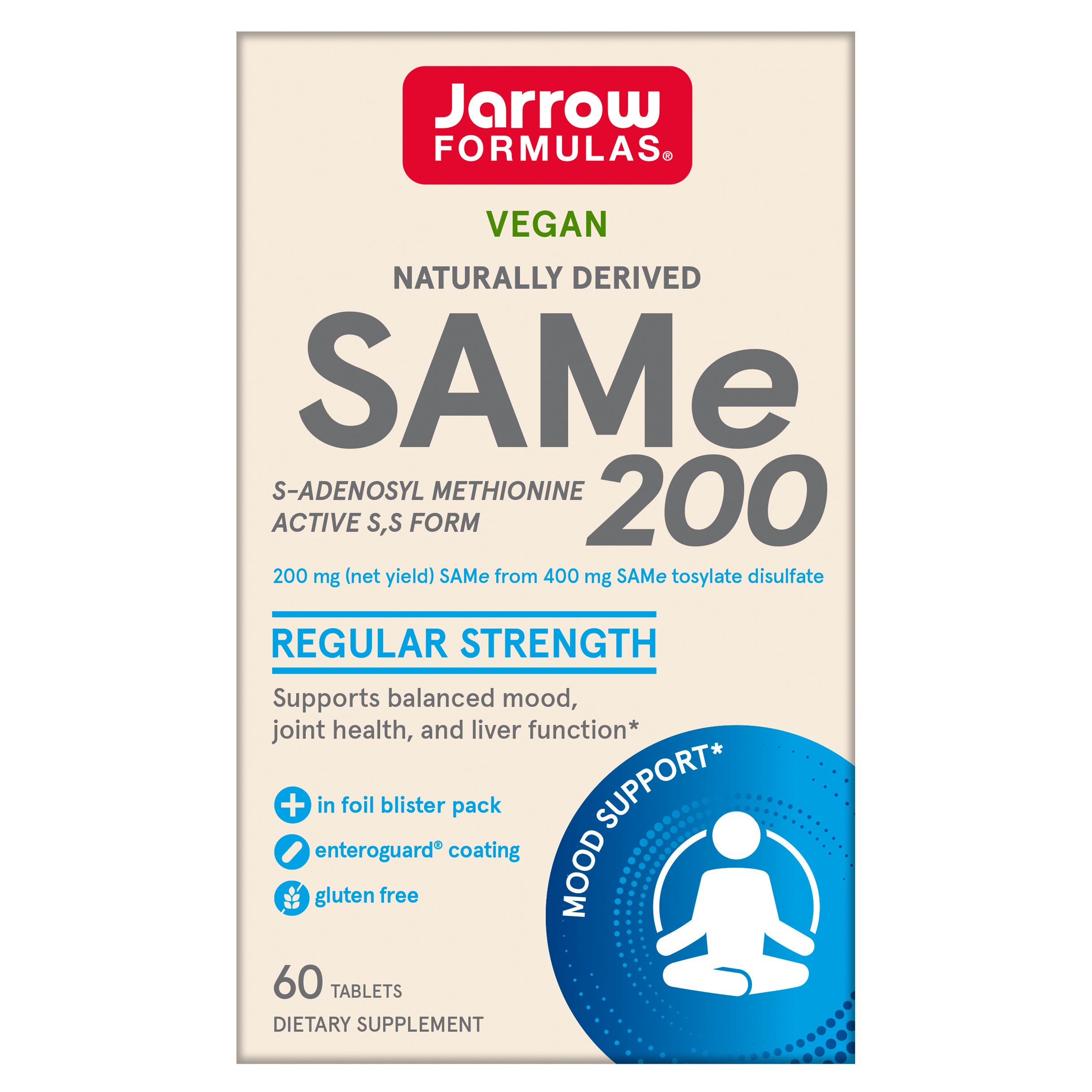 Jarrow Formulas SAMe 200 mg - 60 Tablets - Highest Concentration of Active S,S Form - Supports Joint Health, Liver Function, Brain Metabolism & Antioxidant Defense - 60 Servings (PACKAGING MAY VARY) - Case of 1