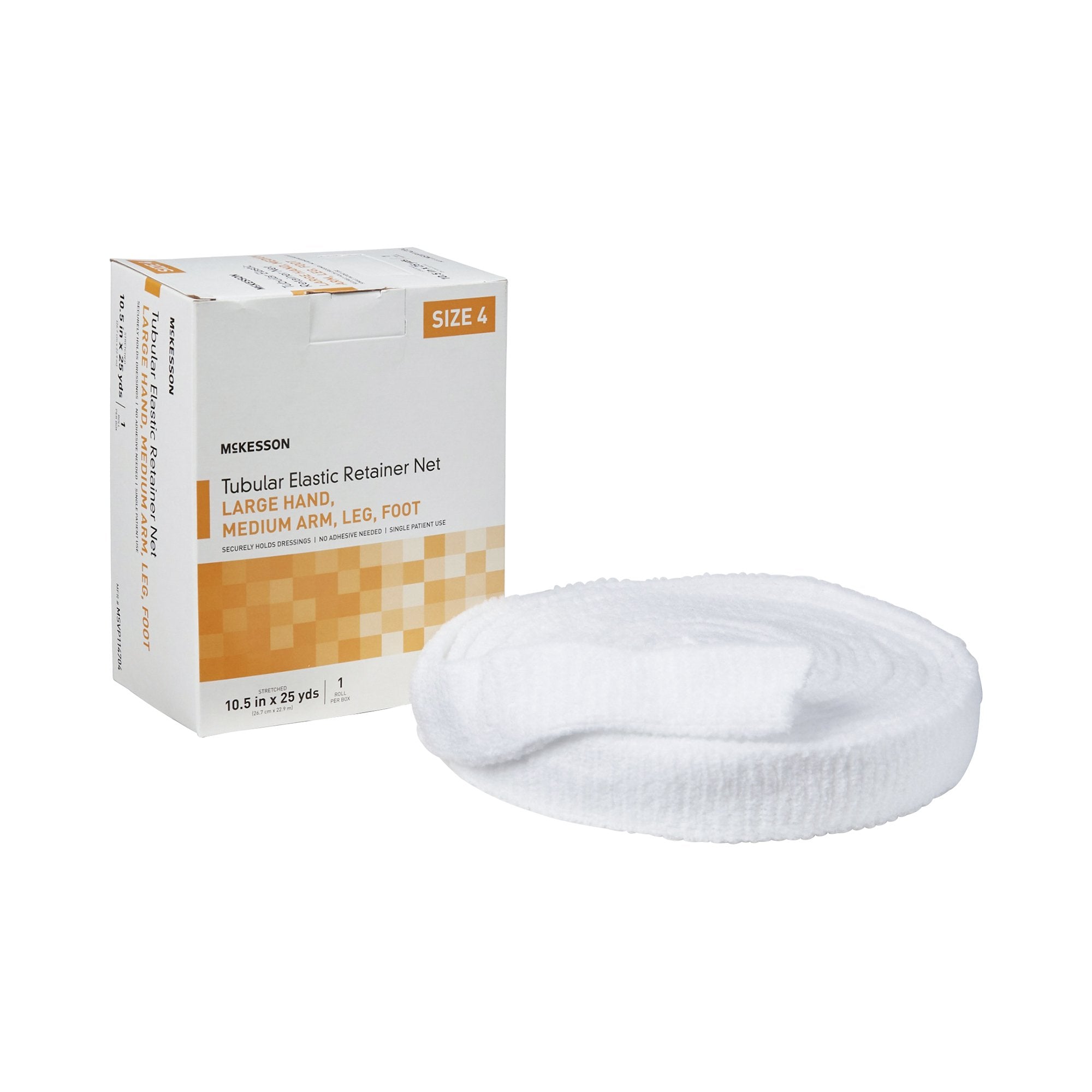 McKesson Brand - Elastic Net Retainer Dressing McKesson Tubular Elastic 10-1/2 Inch X 25 Yard (26.7 cm X 22.9 m) Size 4 White Large Hand / Medium Arm / Leg / Foot NonSterile [1/BX]