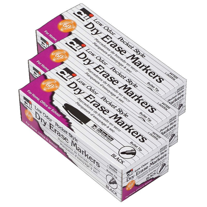 CHARLES LEONARD - Dry Erase Markers, Pocket Style, Bullet Tip, Black, 12 Per Pack, 3 Packs