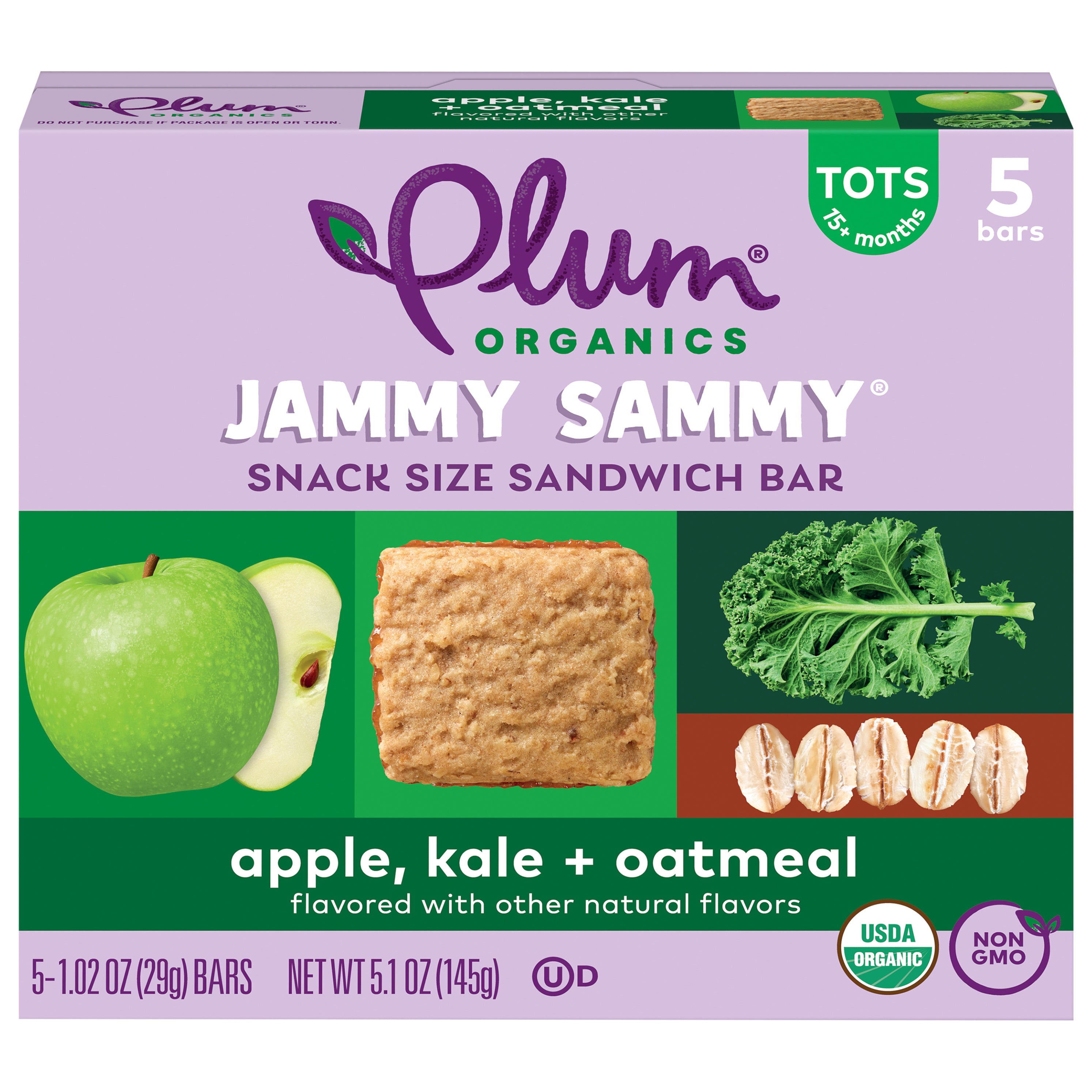 Plum Organics® Jammy Sammy® Snack Size Sandwich Bar Apple, Kale + Oatmeal 5-Count Box/1.02oz Bars - Case of 6