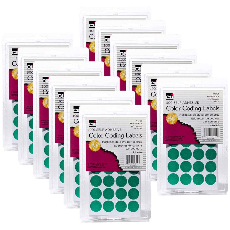 CHARLES LEONARD - Color Coding Labels, Green, 1000 Per Pack, 12 Packs