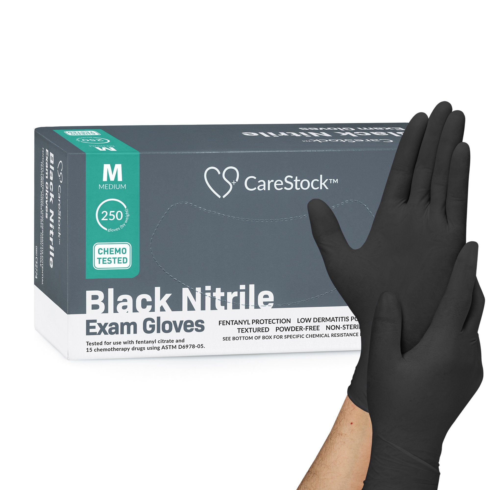 CareStock - Exam Glove CareStock™ Medium NonSterile Nitrile Standard Cuff Length Fully Textured Black Not Rated [2500/CS]