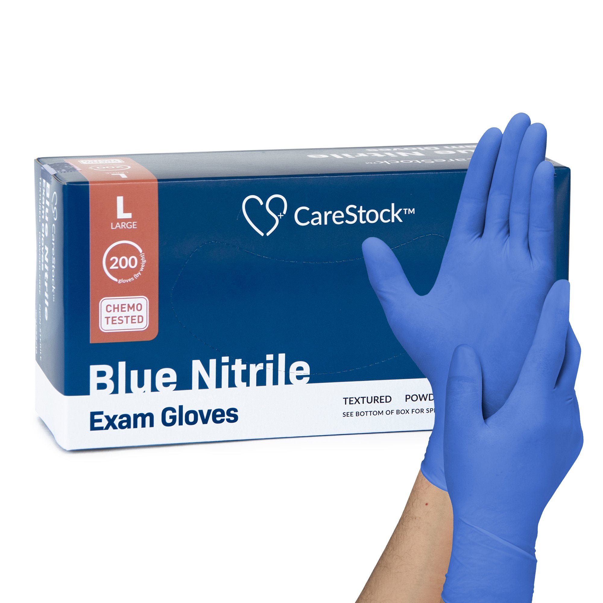 CareStock - Exam Glove CareStock™ Large NonSterile Nitrile Standard Cuff Length Textured Fingertips Blue Chemo Tested [2000/CS]