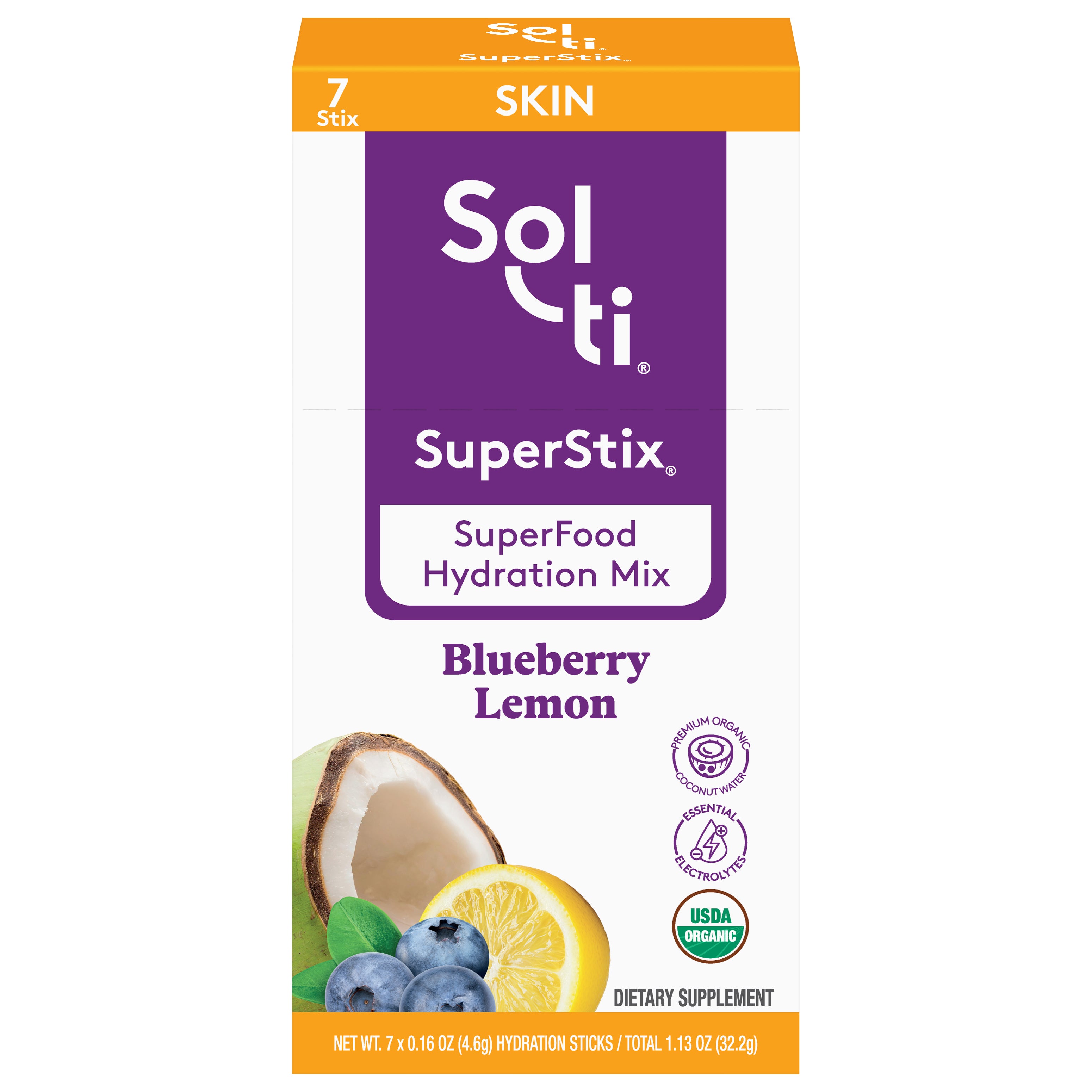 Sol-Ti SuperStix Skin Blueberry Lemon Superfood Hydration Mix 7 - 0.16 oz Sticks - Case of 1