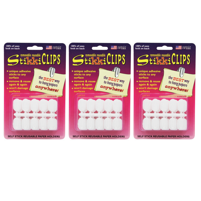 STIKKIWORKS - StikkiCLIPS™ Adhesive Clips, White, 30 Per Pack, 3 Packs