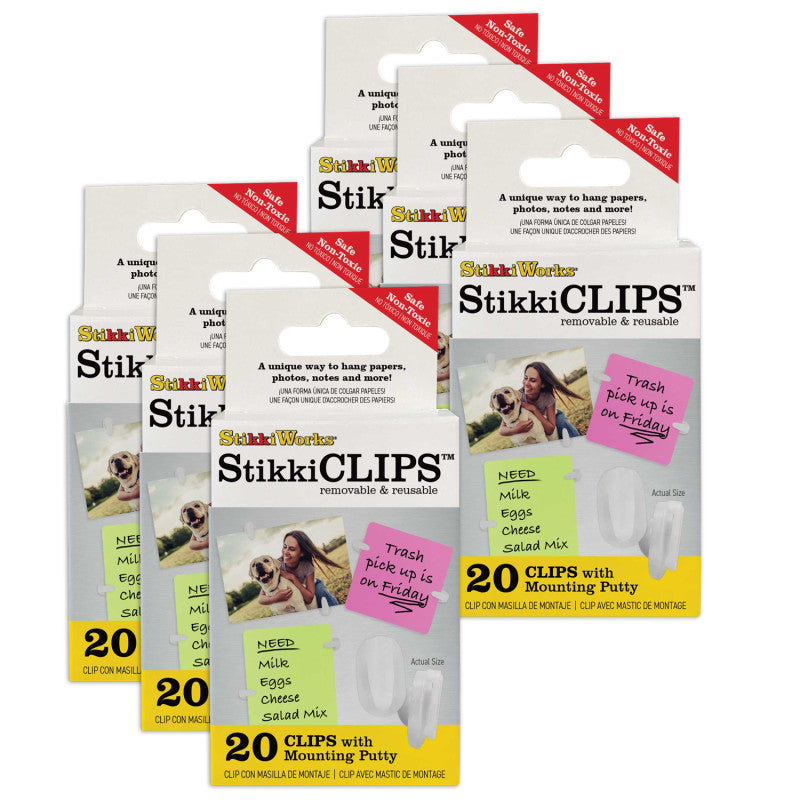 STIKKIWORKS - Stikki Clips with Mounting Putty, 20 Per Pack, 6 Packs