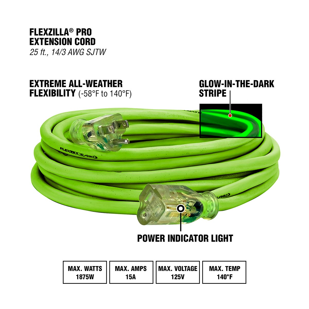 Flexzilla¬Æ Pro Extension Cord 14/3 AWG SJTW 25' Outdoor Lighted Plug ZillaGreen‚Ñ¢