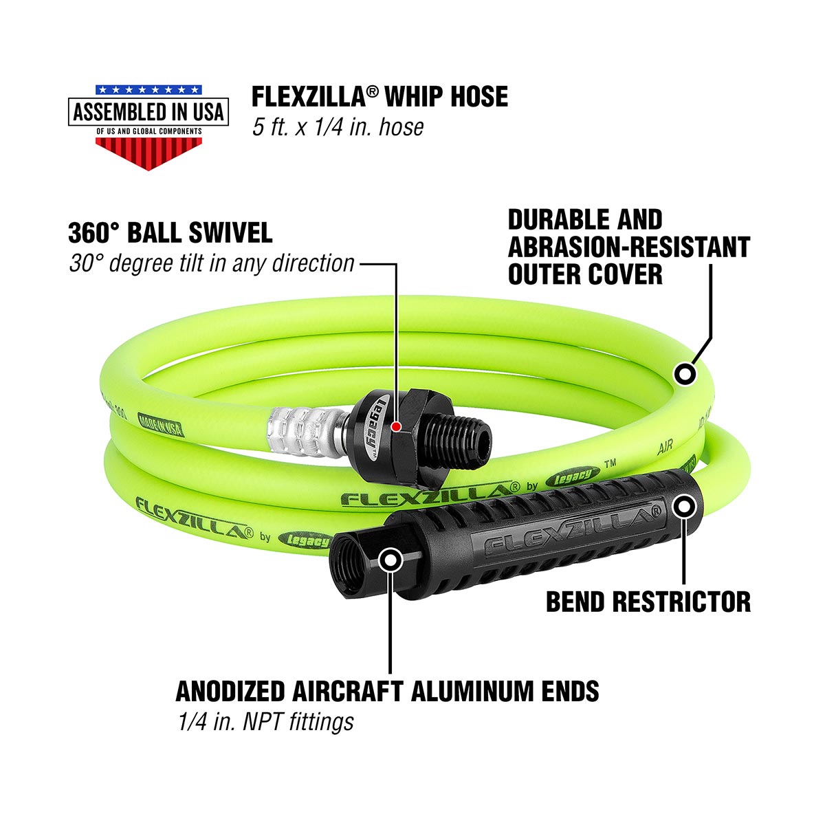 Flexzilla Whip Hose with Ball Swivel 1/4" x 5'