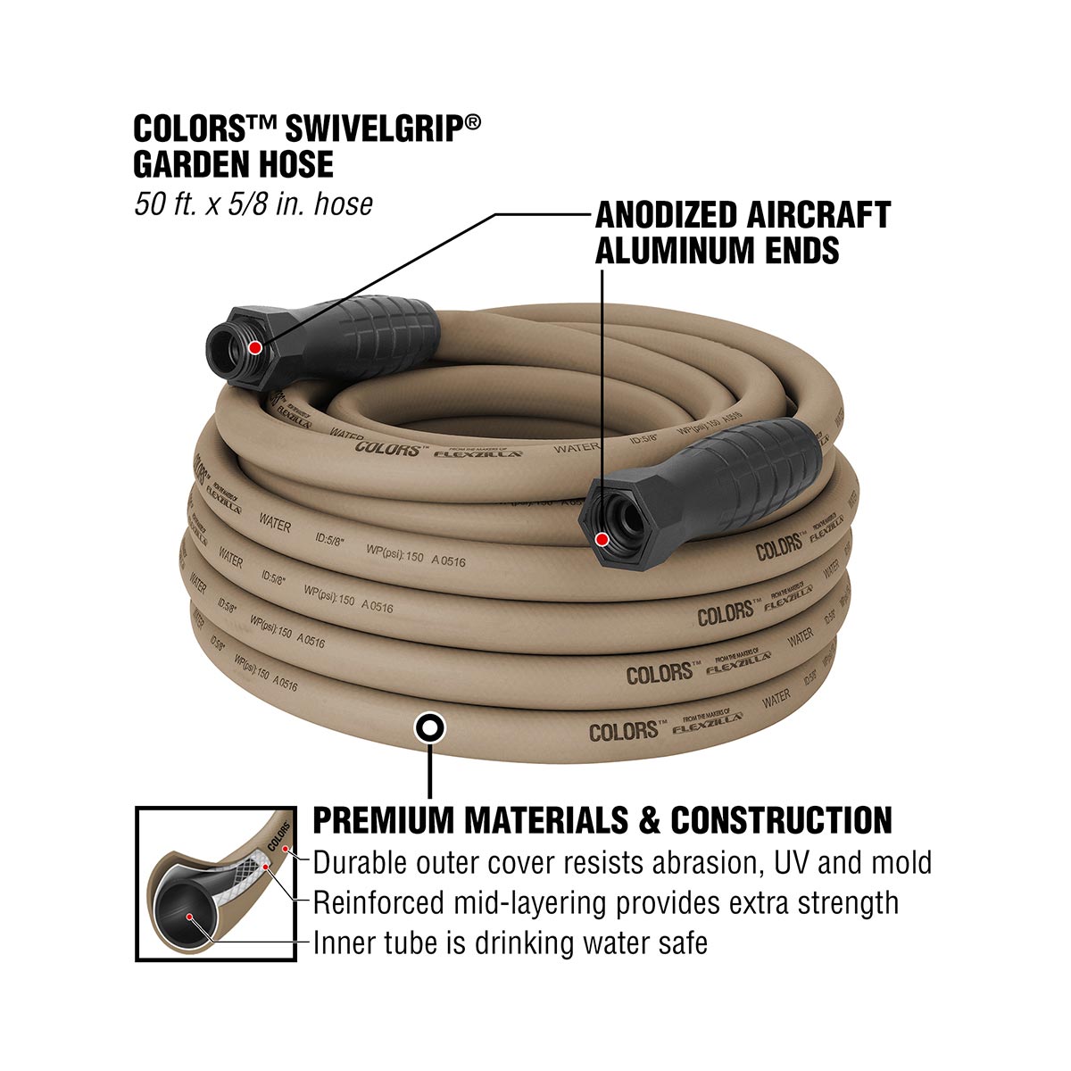 Flexzilla¬Æ Colors‚Ñ¢ SwivelGrip¬Æ Garden Hose 5/8" x 50' 3/4" - 11 1/2 GHT Fittings Brown Mulch