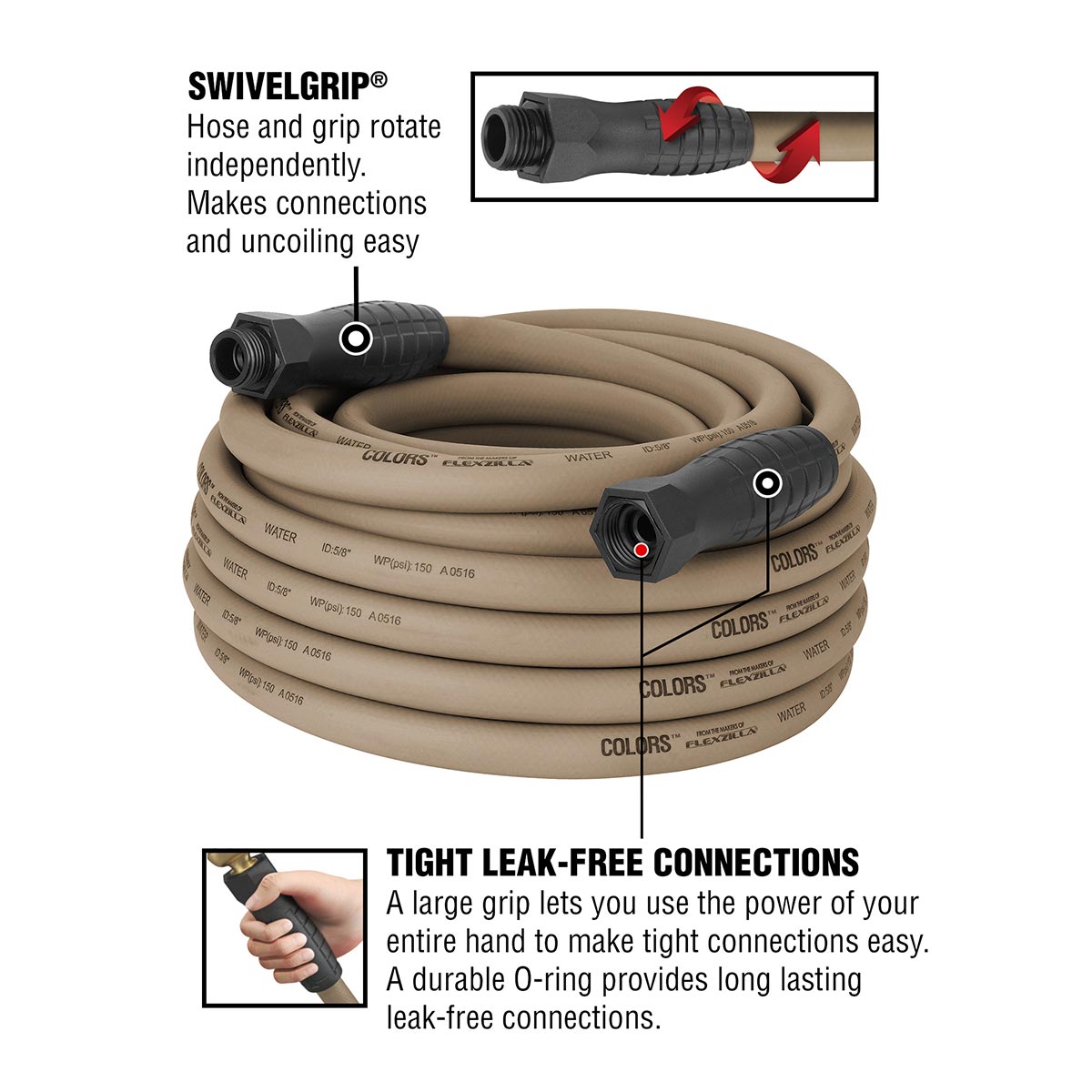 Flexzilla¬Æ Colors‚Ñ¢ SwivelGrip¬Æ Garden Hose 5/8" x 50' 3/4" - 11 1/2 GHT Fittings Brown Mulch