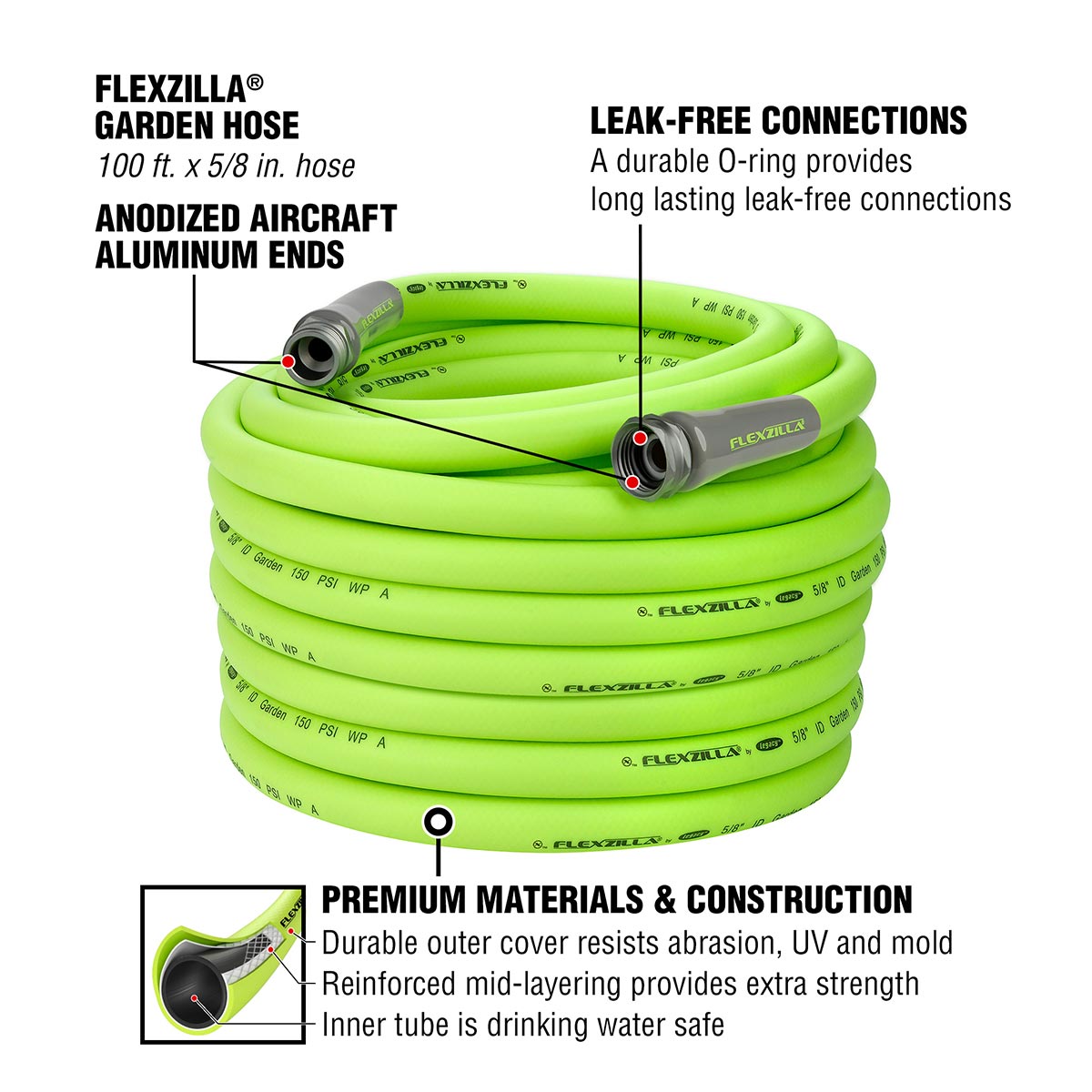 Flexzilla¬Æ Garden Hose 5/8" x 100' 3/4" - 11 1/2 GHT Fittings ZillaGreen¬Æ