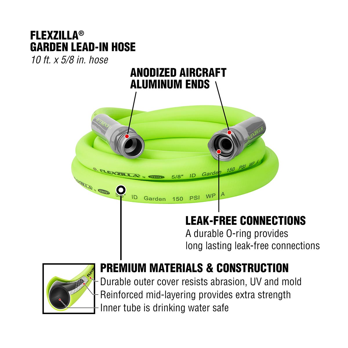 Flexzilla¬Æ Garden Hose 5/8" x 10' 3/4" - 11 1/2 GHT Fittings ZillaGreen¬Æ