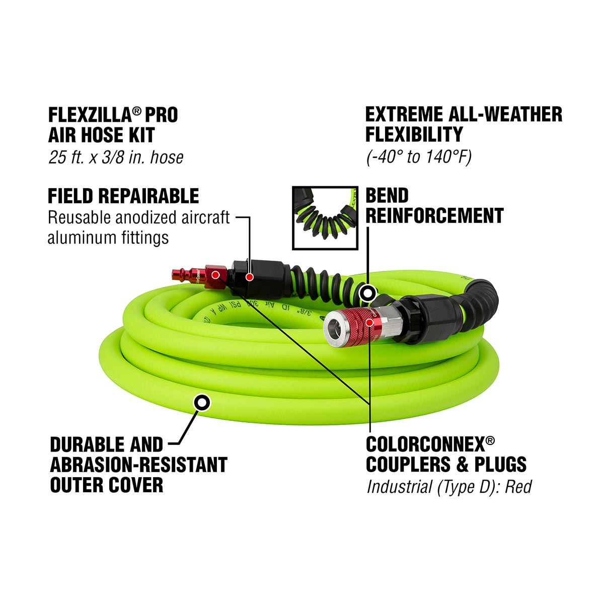 Flexzilla Heavy Duty Lightweight Air Hose 3/8" x 25' with ColorConnex Coupler and Plug - (Red) Ty