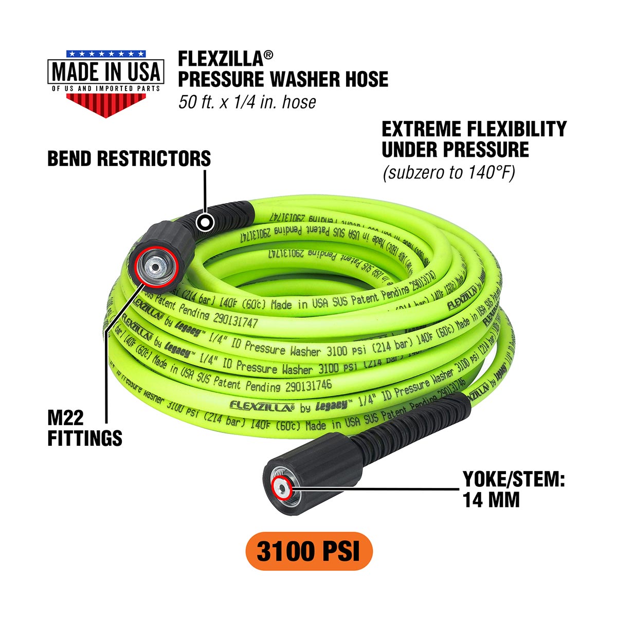 Flexzilla¬Æ Pressure Washer Hose 1/4" x 50‚Äô 3100 PSI M22 Fittings ZillaGreen¬Æ