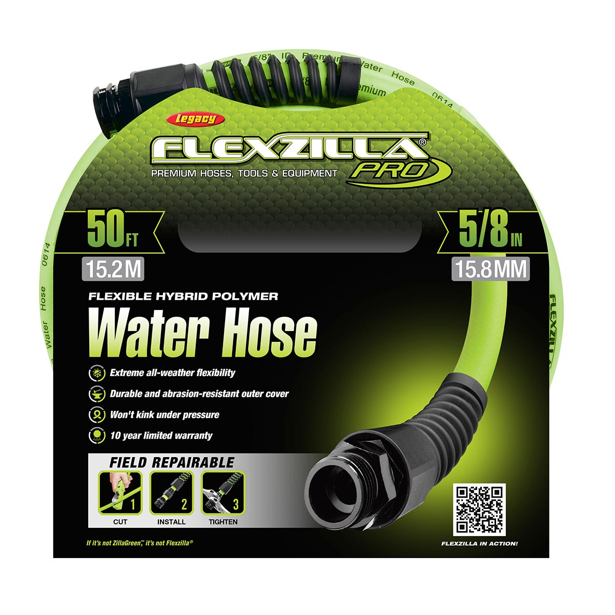 Flexzilla¬Æ Pro Water Hose 5/8" x 50' 3/4" - 11 1/2 GHT Fittings ZillaGreen¬Æ