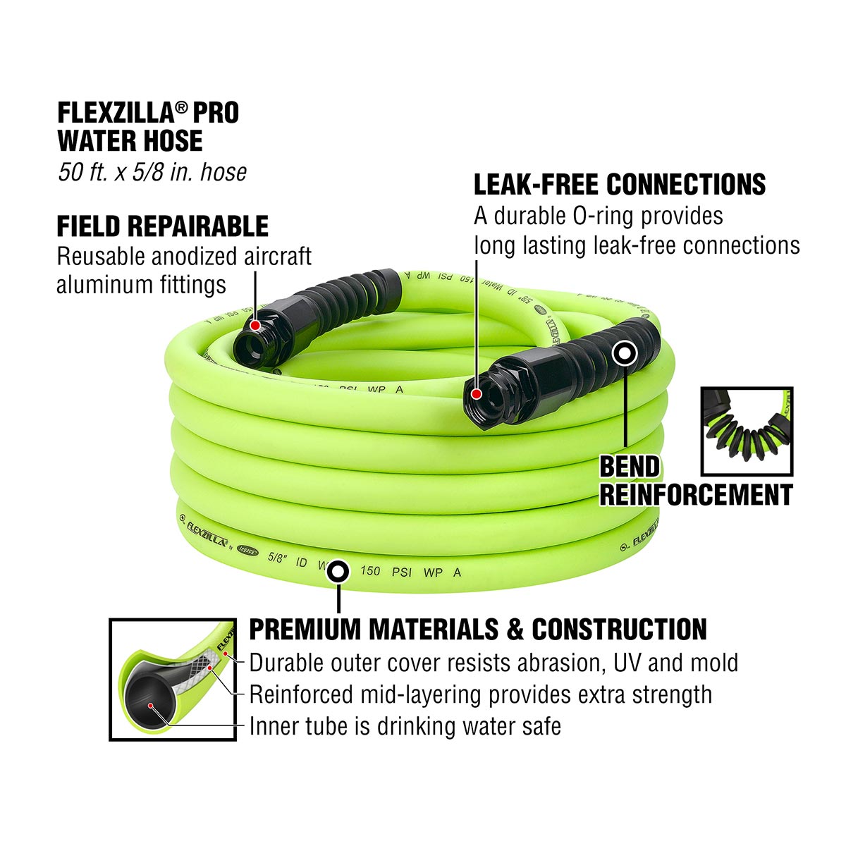 Flexzilla¬Æ Pro Water Hose 5/8" x 50' 3/4" - 11 1/2 GHT Fittings ZillaGreen¬Æ