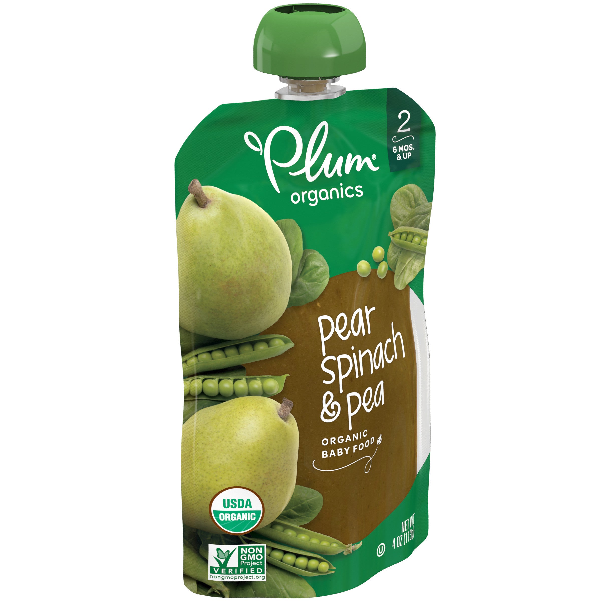 Plum Organics® Stage 2 Organic Baby Food Pear + Pea with Spinach 4oz Pouch - Case of 12