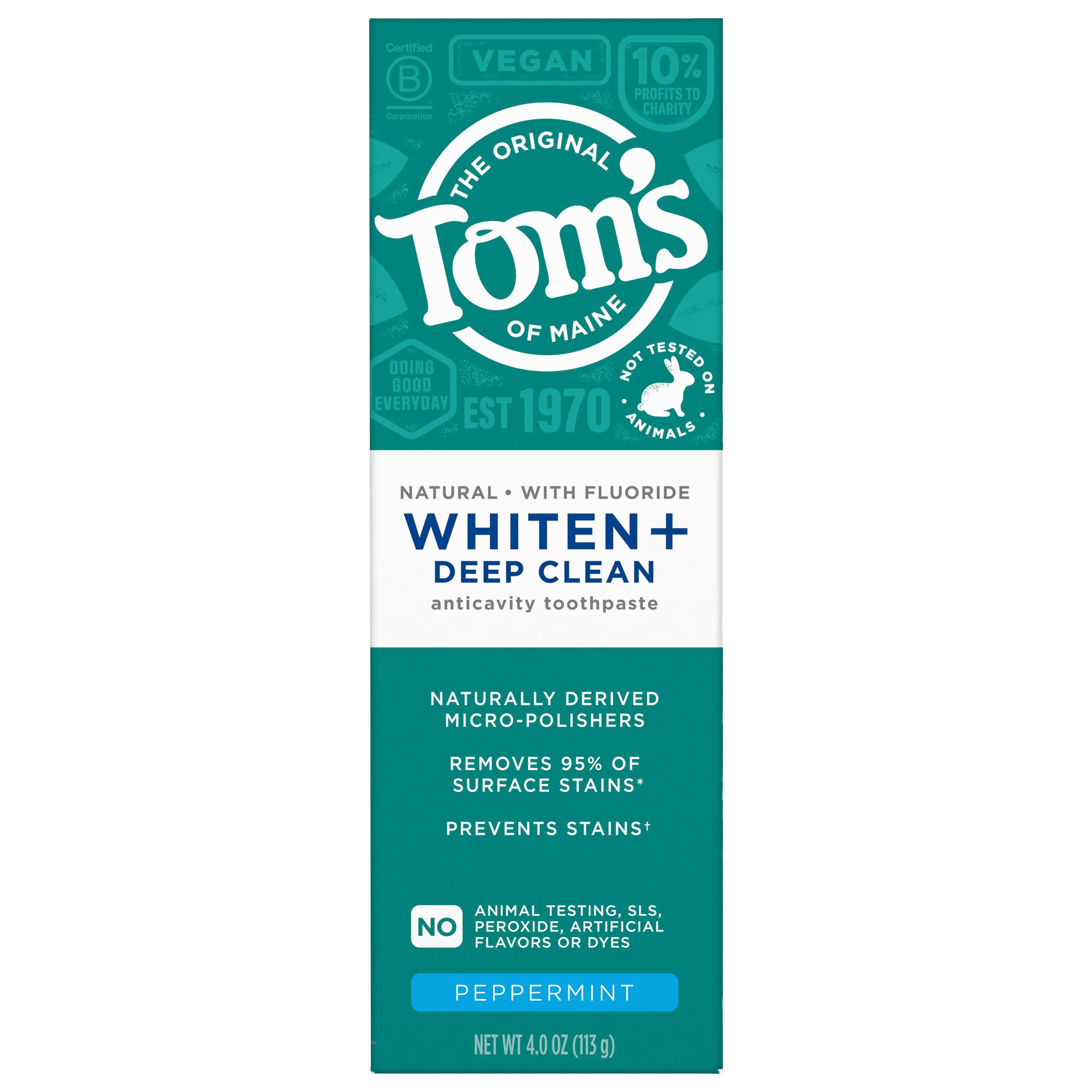 Tom’s of Maine Whiten Plus Deep Clean Whitening Toothpaste, Peppermint, 4.0 Oz. - Case of 6