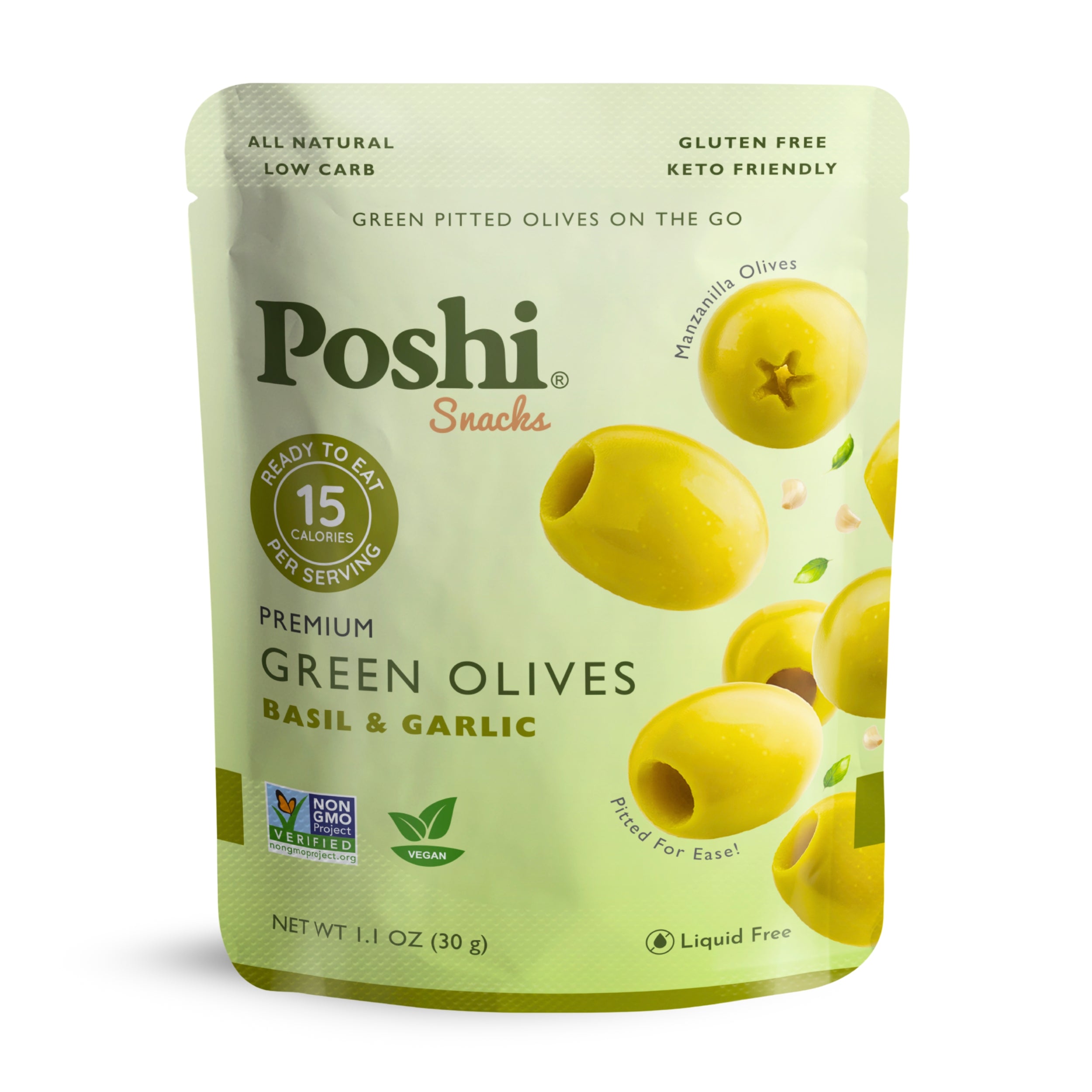 Poshi - Olv Green Basil & Garlic Pitted - CS of 10-1.1 OZ