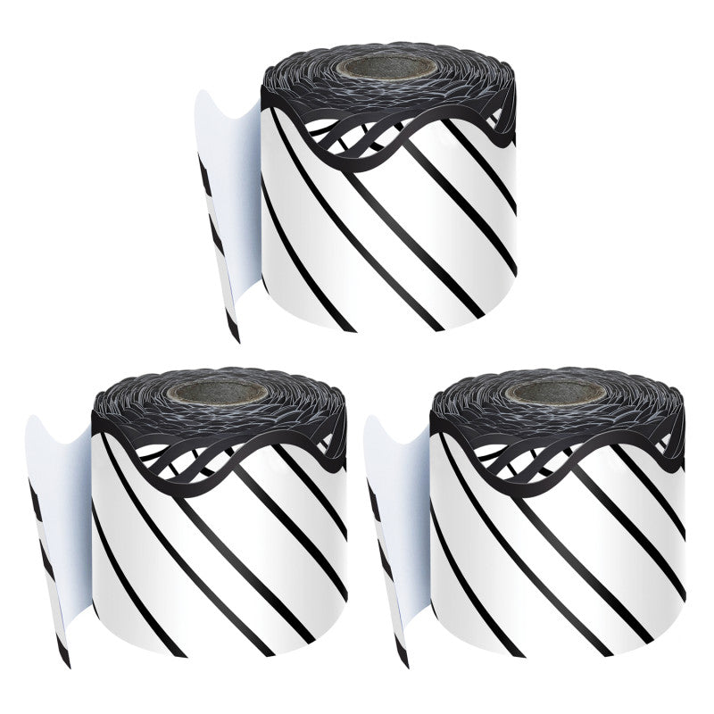CARSON DELLOSA EDUCATION - Kind Vibes Black & White Stripes Rolled Scalloped Border, 65 Feet Per Roll, Pack of 3