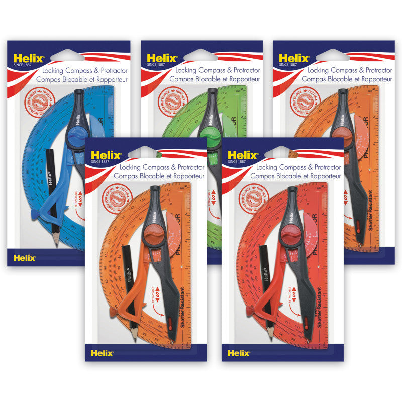 HELIX - Plastic Locking Compass & Protractor Set, 5 Sets