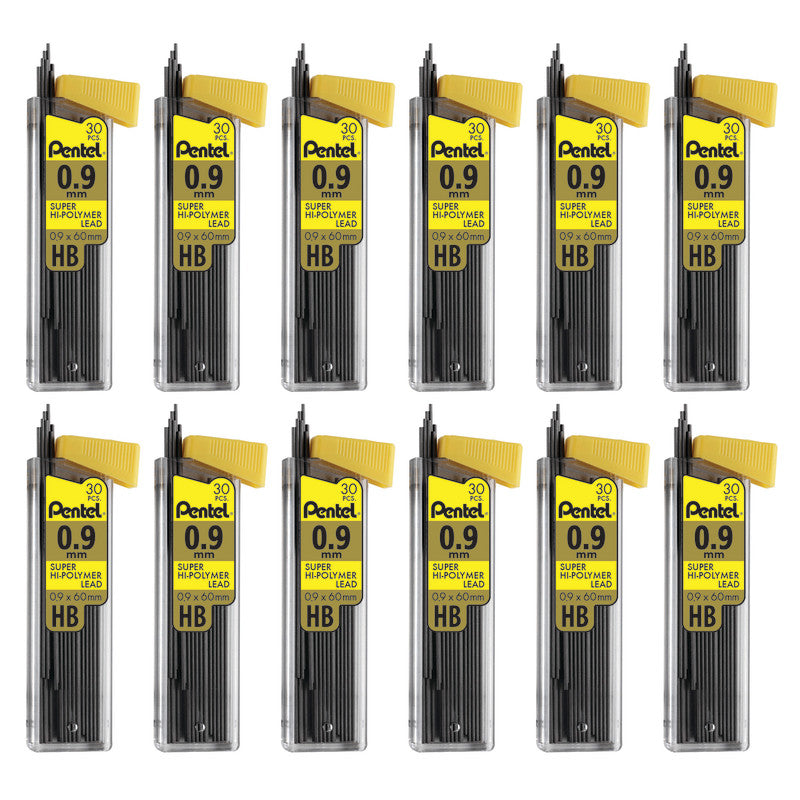 PENTEL - Super Hi-Polymer Lead Refill (0.9mm) Medium, HB, 30 Pieces Per Tube, 12 Tubes