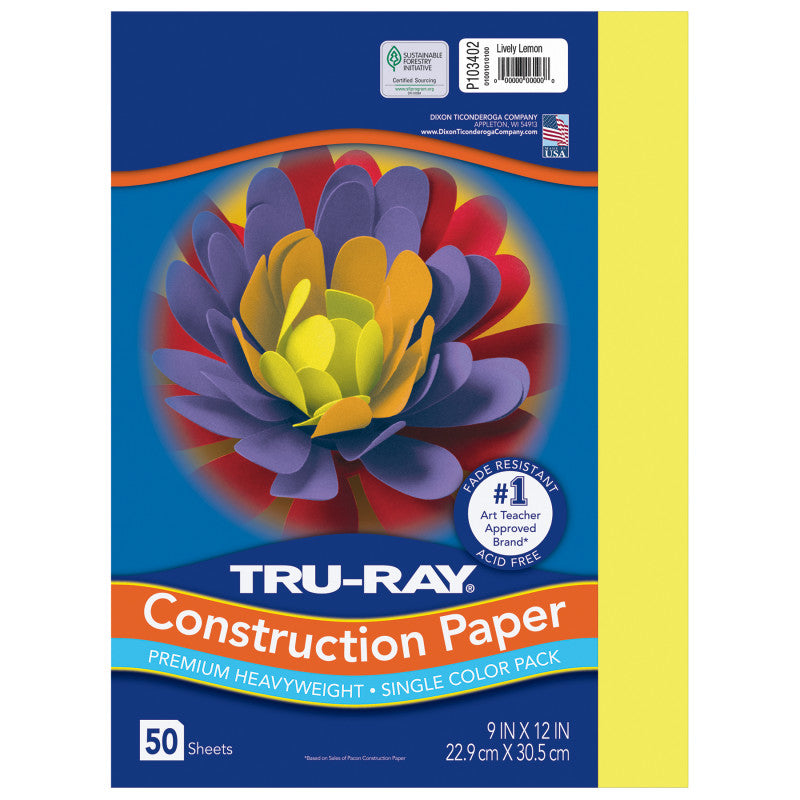 Construction Paper, Heavyweight, Lively Lemon, 9" x 12", 50 Sheets