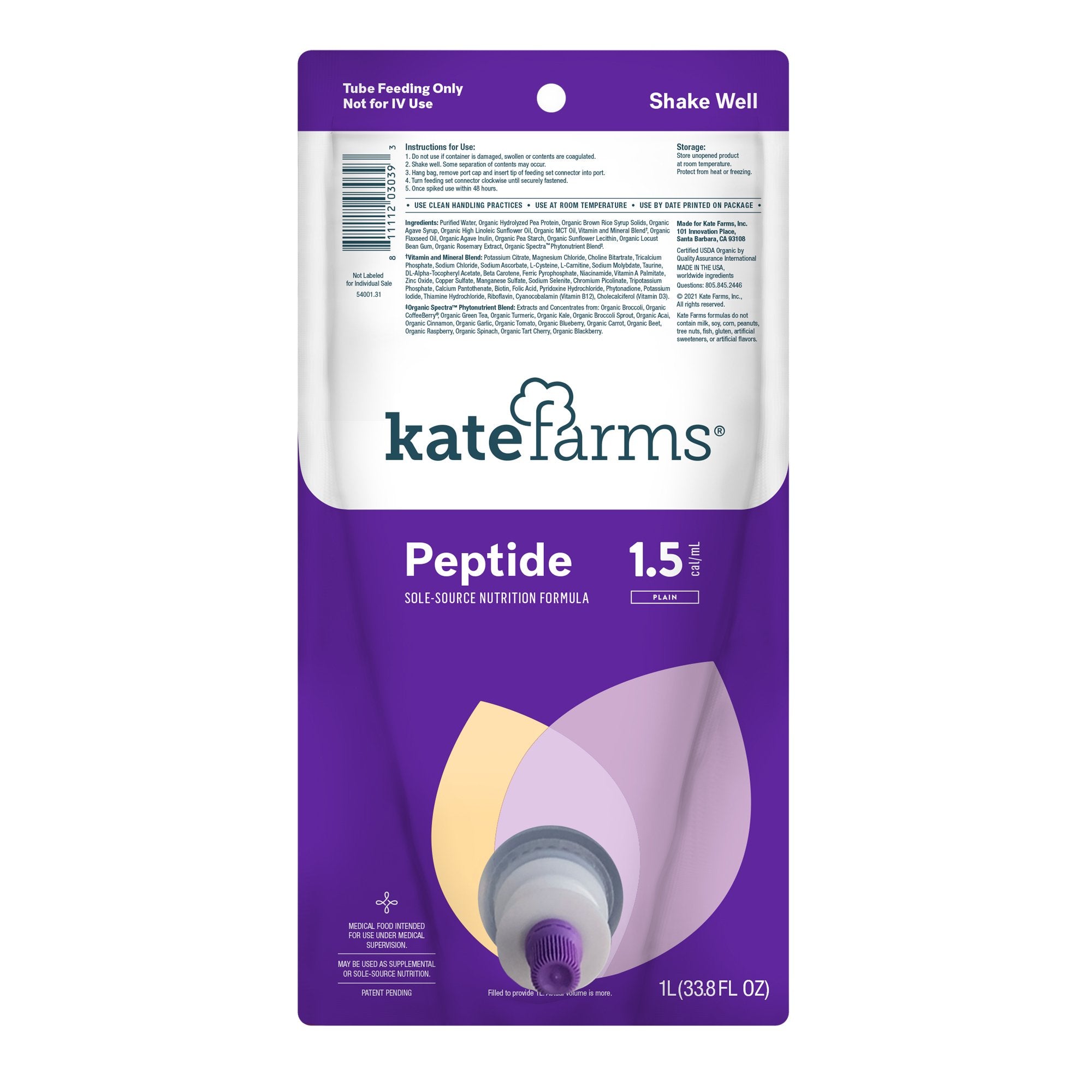 Kate Farms - Tube Feeding Formula Kate Farms Peptide 1.5 Closed System Unflavored Liquid 1000 mL Ready to Hang Prefilled Container [1/EA]