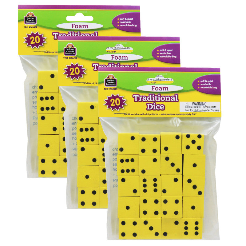 TEACHER CREATED RESOURCES - Foam Traditional Dice, 0.75", 20 Per Pack, 3 packs