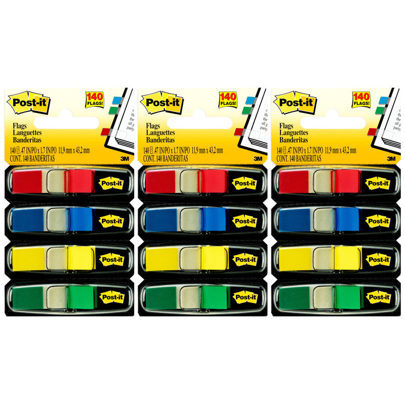 POST-IT - Flags, Assorted Primary Colors, .47 in. Wide, 35 Flags/Dispenser, 4 Dispensers/Pack, 3 Packs