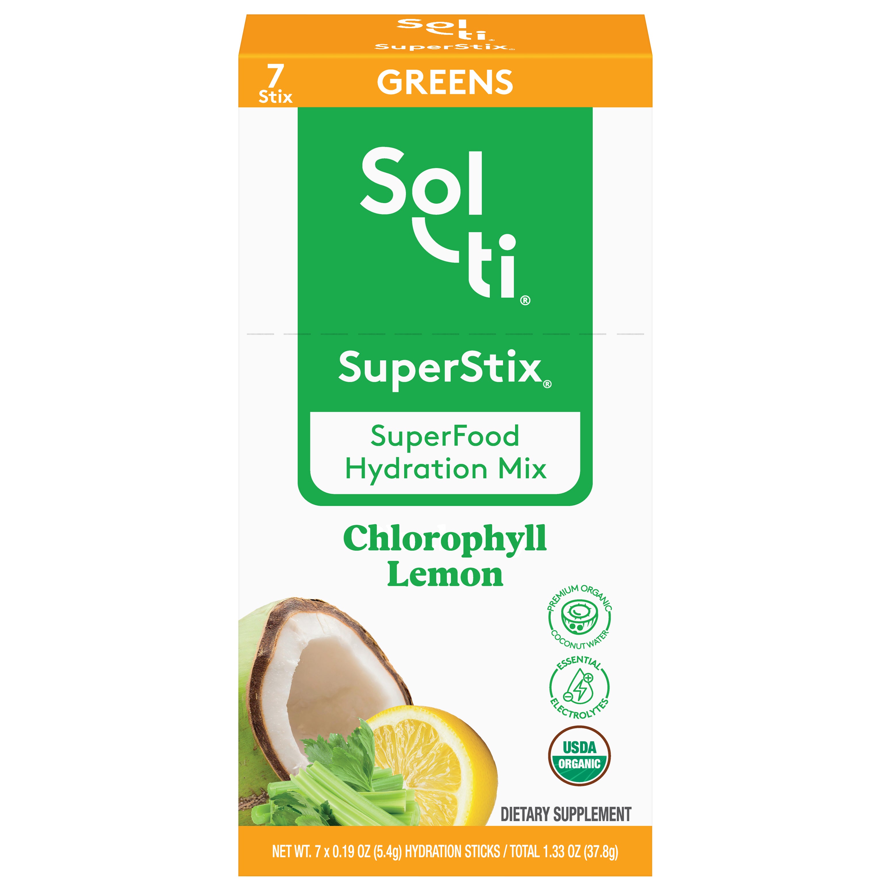 Sol-Ti SuperStix Greens Chlorophyll Lemon Superfood Hydration Mix 7 - 0.19 oz Sticks - Case of 1