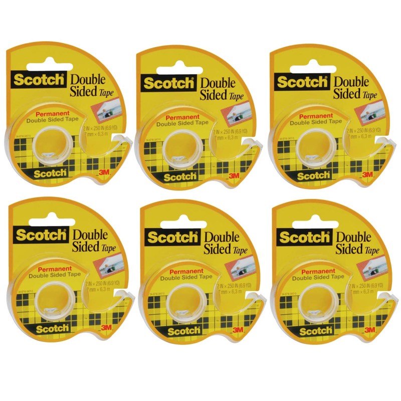SCOTCH - Double Sided Tape Dispenser Rolls, 1/2" x 250", 6 Rolls