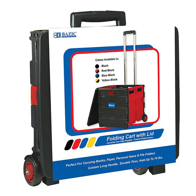 BAZIC PRODUCTS - Folding Cart on Wheels w/Lid Cover, 16" x 18" x 15", Black/Red