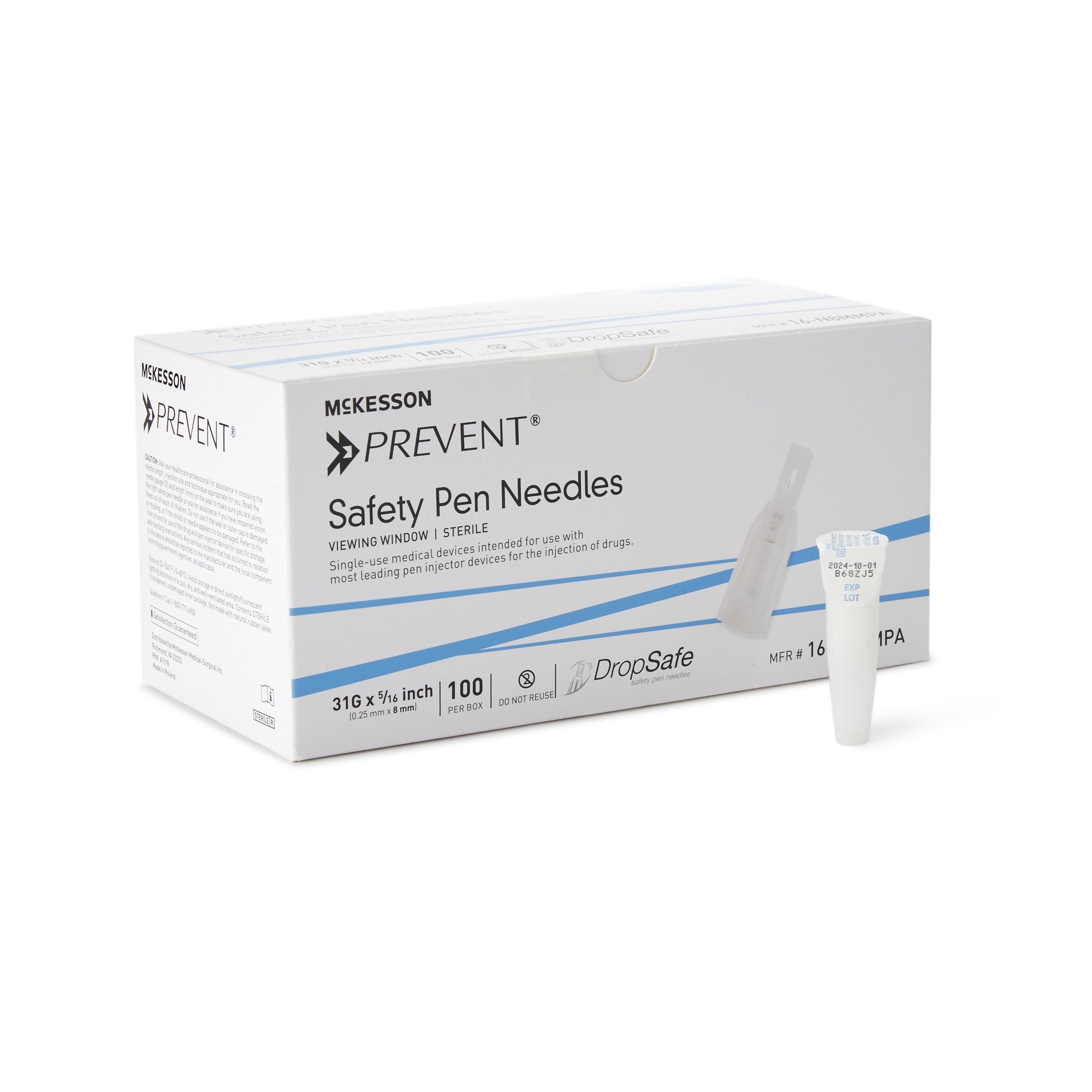 McKesson Brand - Safety Insulin Pen Needle McKesson Prevent® 31 Gauge 8 mm Length Automatic Safety Without Back-End Shield [100/BX]