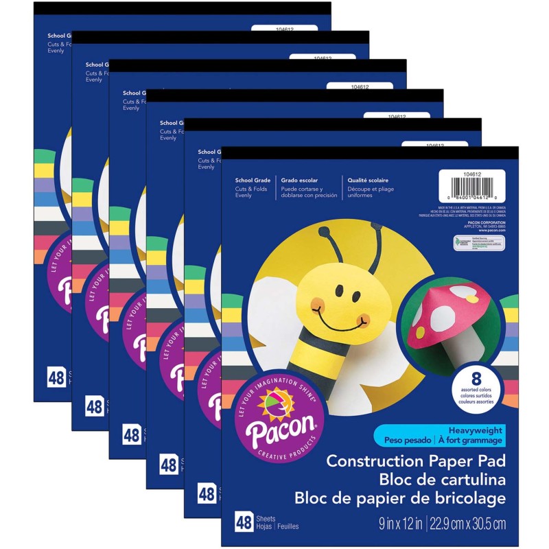 SUNWORKS - Heavyweight Construction Paper Pad, 8 Assorted Colors, 9" x 12", 48 Sheets Per Pack, 12 Packs