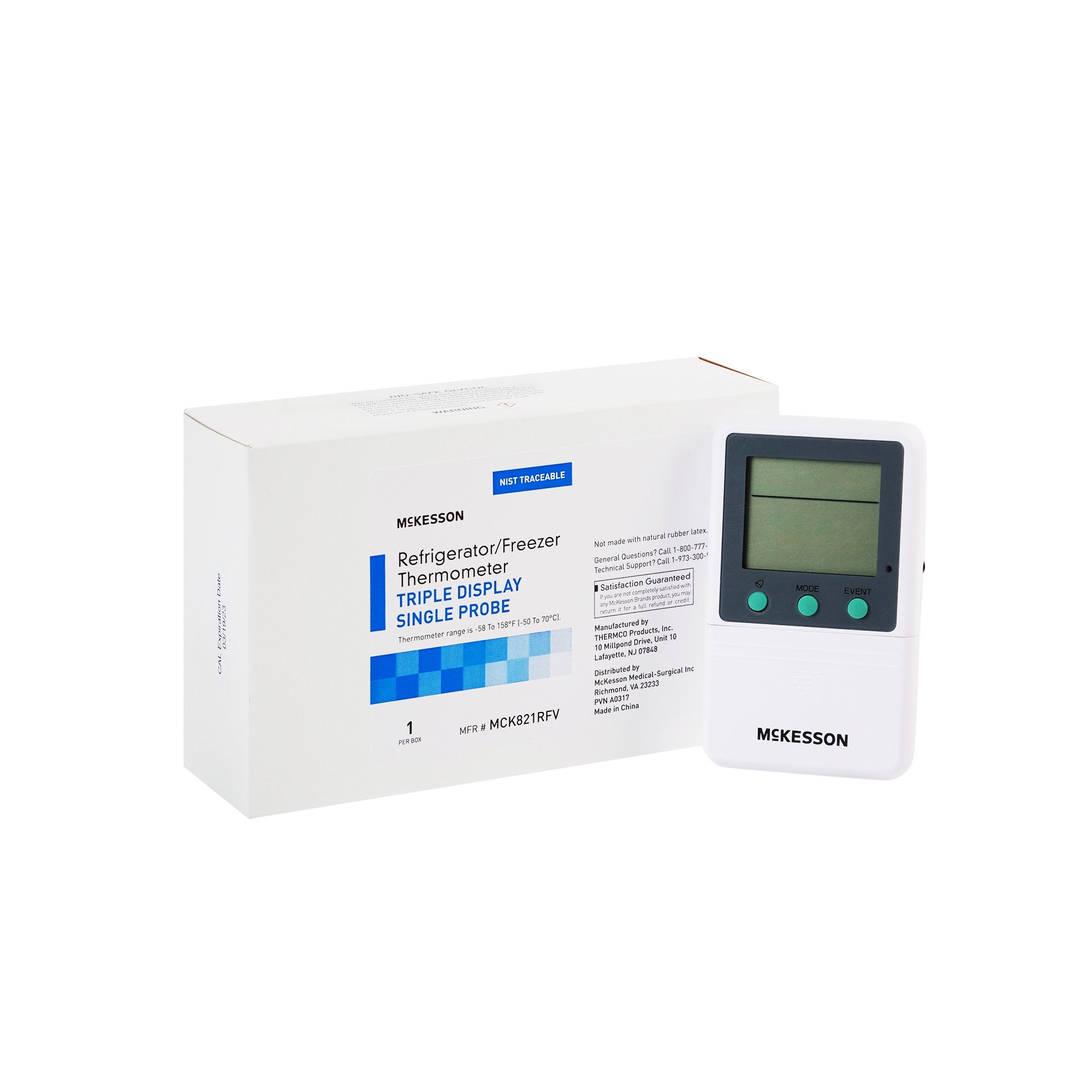 McKesson Brand - Digital Refrigerator / Freezer Thermometer with Alarm McKesson Fahrenheit / Celsius -58° to +158°F (-50° to +70°C) Glycol Bottle Probe Multiple Mounting Options Battery Operated [1/EA]