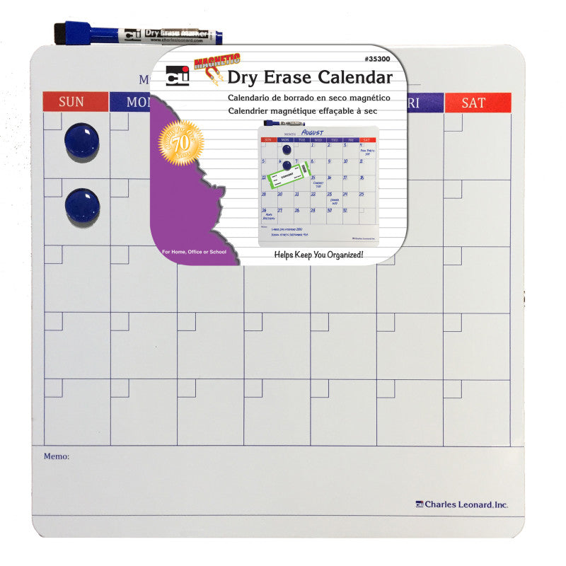CHARLES LEONARD - Magnetic Dry Erase Calendar with Marker/Eraser and 2 Magnets, 14" x 14", Pack of 6