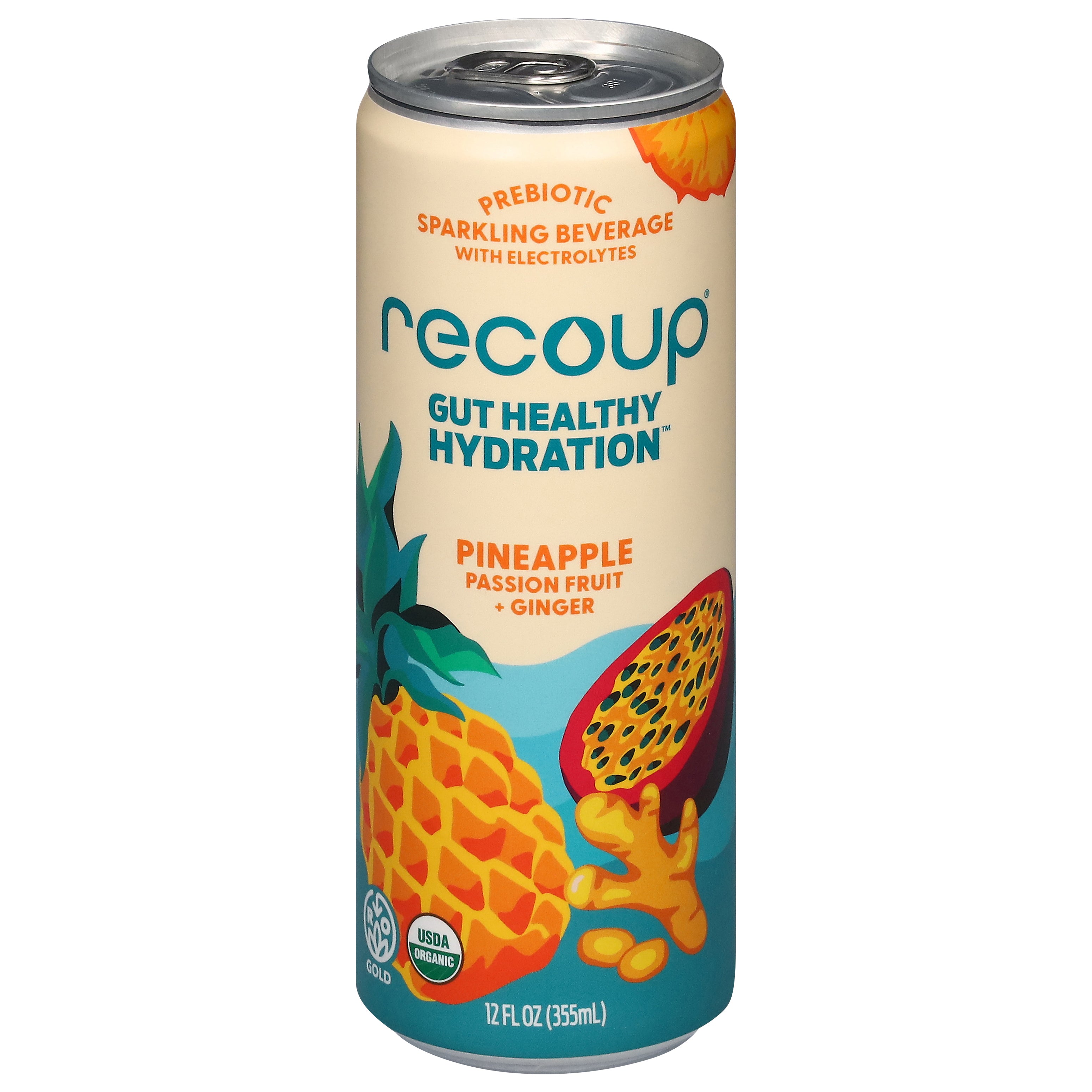 Recoup Gut Healthy Hydration Prebiotic Pineapple Passion Fruit + Ginger Sparkling Beverage with Electrolytes 12 fl oz - Case of 12